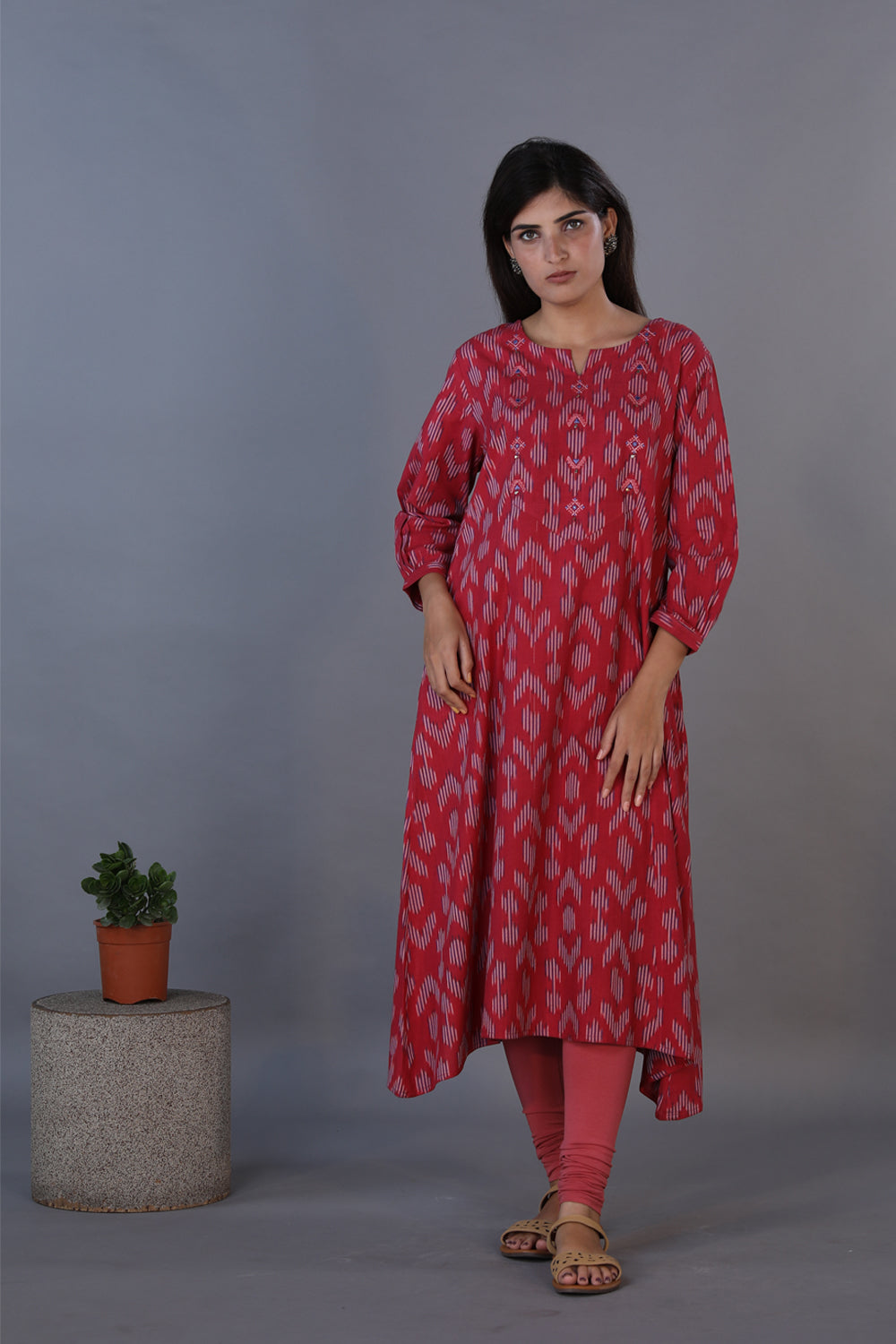 Collection of Vintage mauve embroidered cotton Ikat kurti in a gallery layout