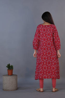 Collection of Vintage mauve embroidered cotton Ikat kurti in a gallery layout