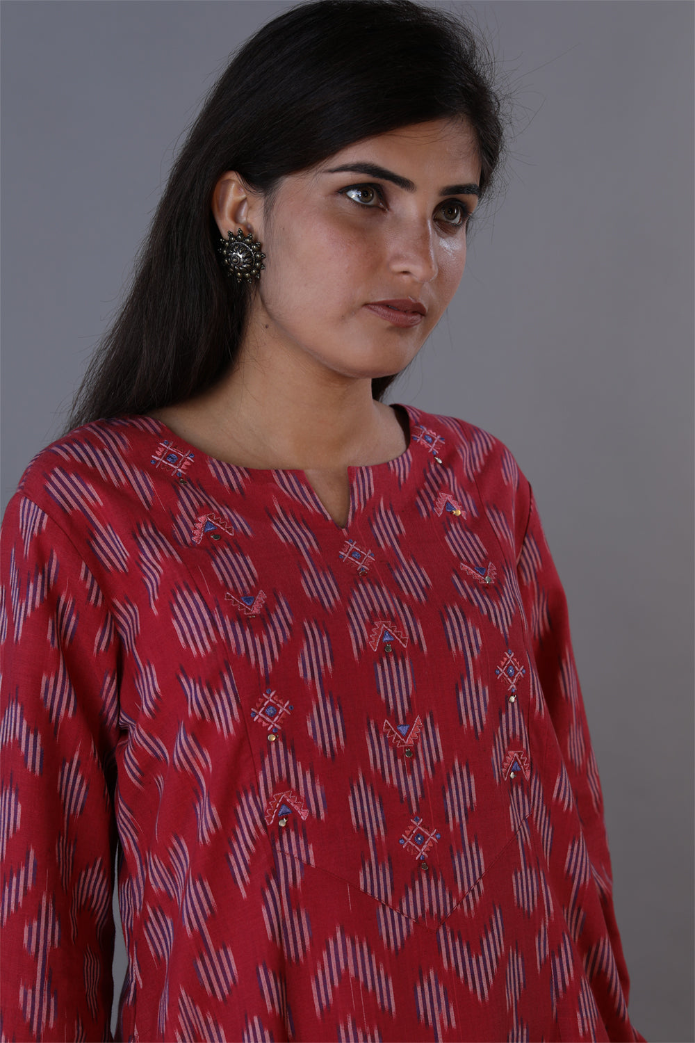 Collection of Vintage mauve embroidered cotton Ikat kurti in a gallery layout