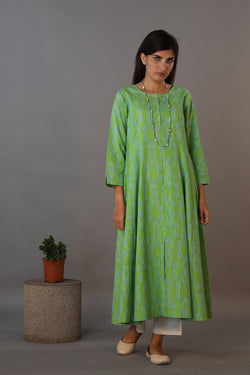 Collection of Basil green hand woven cotton Ikat dress in a gallery layout