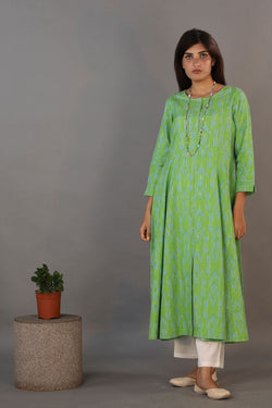 Collection of Basil green hand woven cotton Ikat dress in a gallery layout