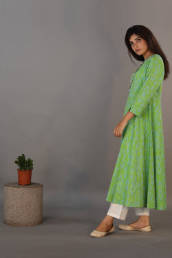 Collection of Basil green hand woven cotton Ikat dress in a gallery layout