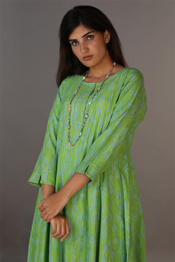 Collection of Basil green hand woven cotton Ikat dress in a gallery layout