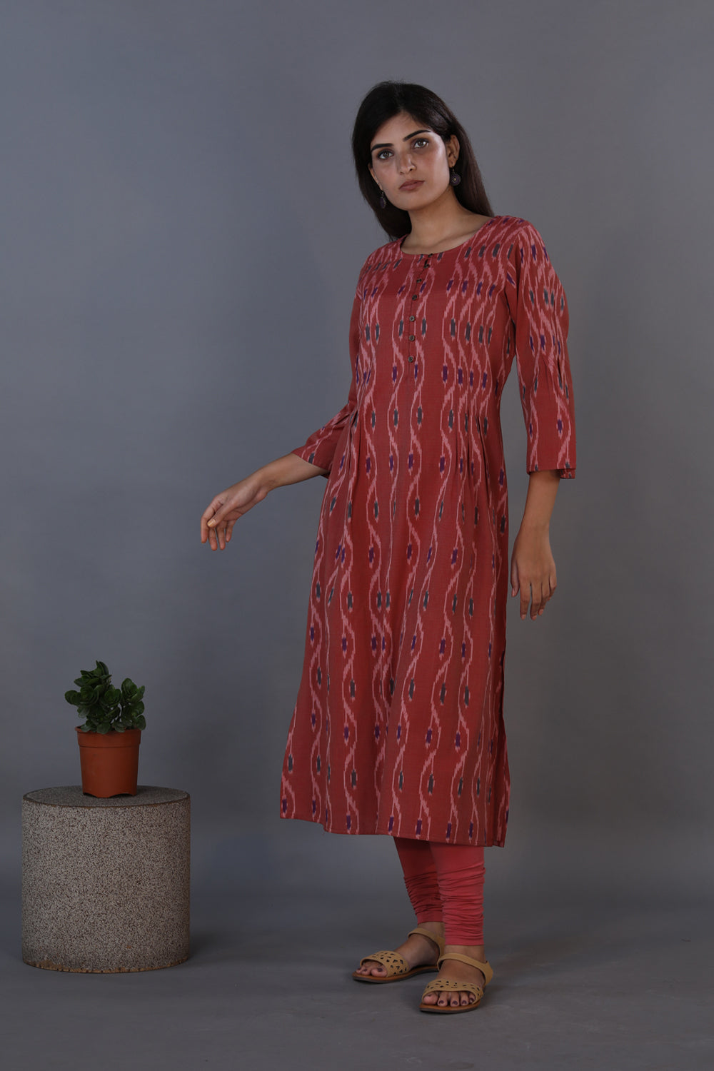 Collection of Dusty wine pleated cotton Ikat kurti in a gallery layout