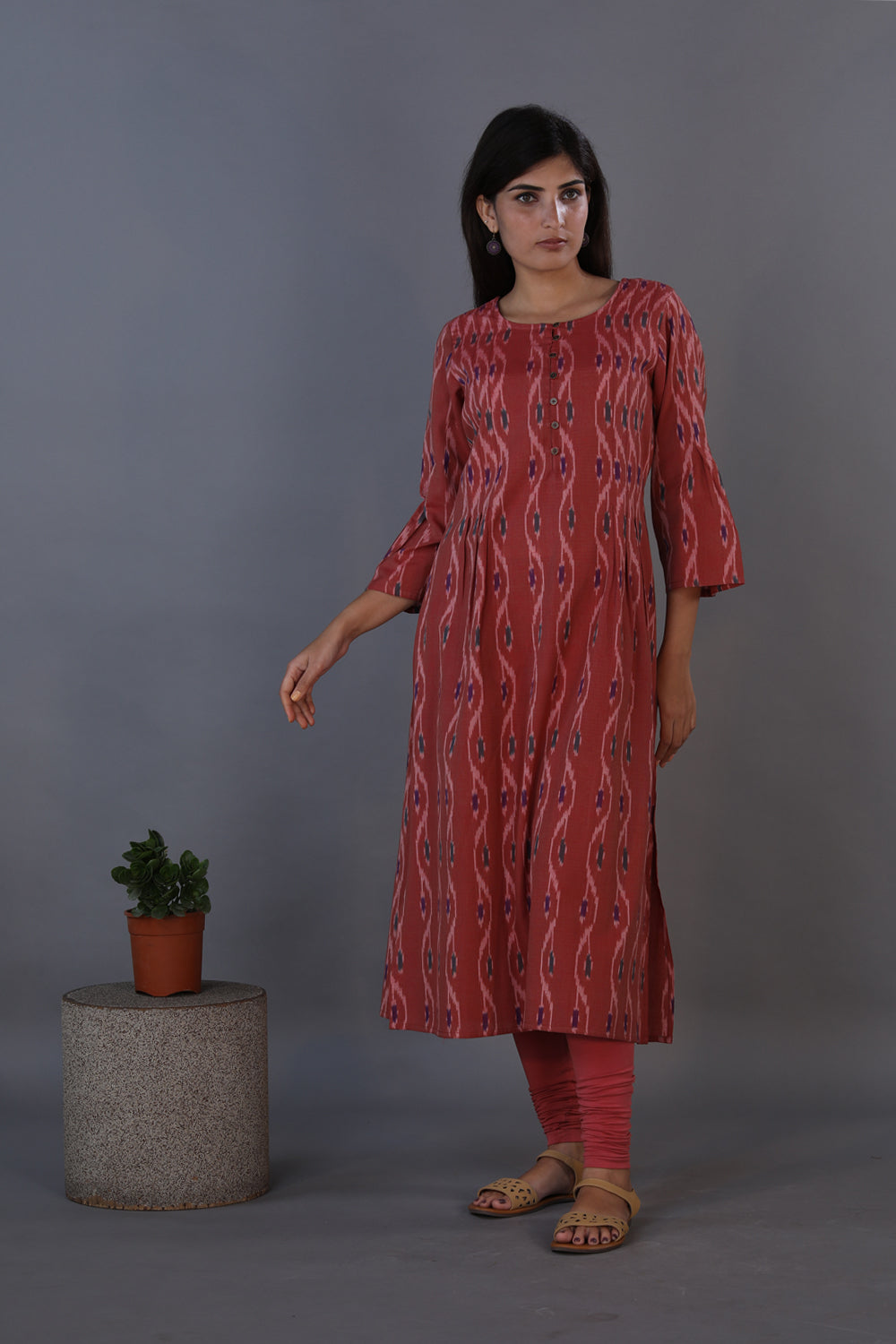 Collection of Dusty wine pleated cotton Ikat kurti in a gallery layout