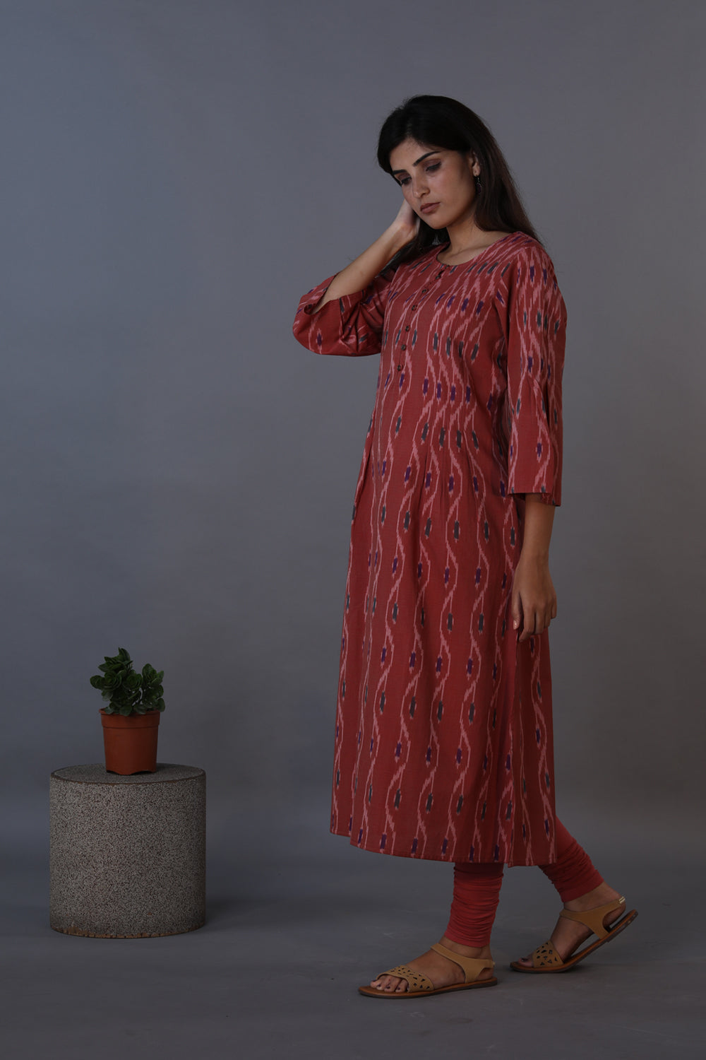 Collection of Dusty wine pleated cotton Ikat kurti in a gallery layout