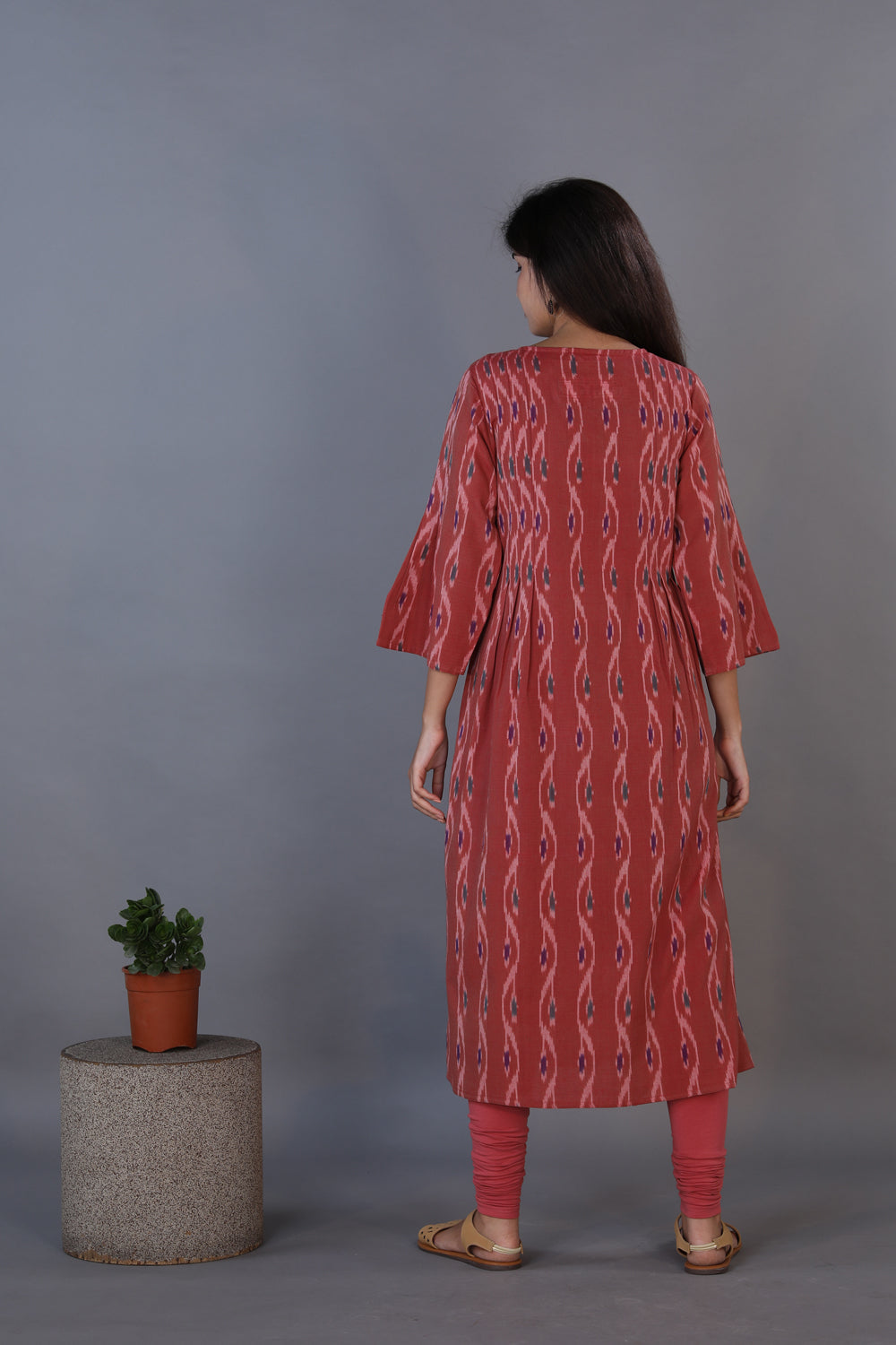 Collection of Dusty wine pleated cotton Ikat kurti in a gallery layout