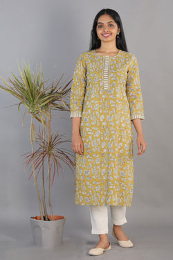 Collection of Mustard Bagru Block printed kurti in a gallery layout