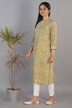 Collection of Mustard Bagru Block printed kurti in a gallery layout