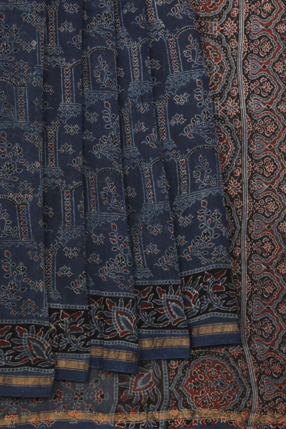 Collection of Indigo blue  Ajrakh handblockprinted Chanderi saree in a gallery layout