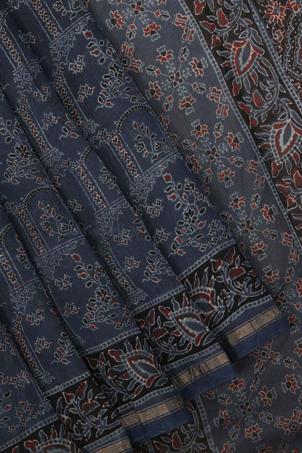 Collection of Indigo blue  Ajrakh handblockprinted Chanderi saree in a gallery layout