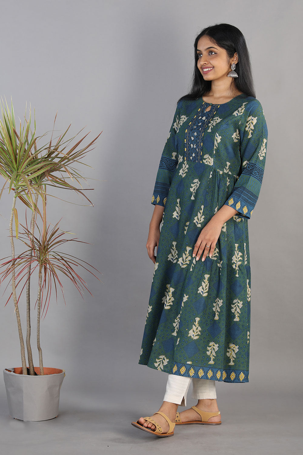 Indigo blue Bagru blockprinted gathered long kurti dress