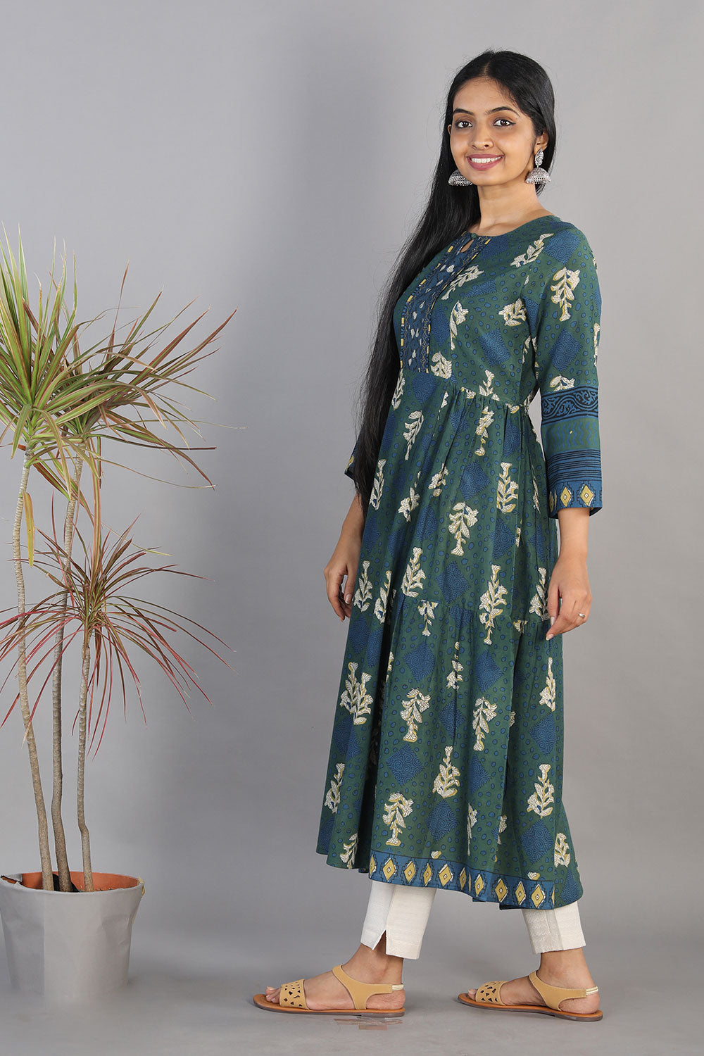 Indigo blue Bagru blockprinted gathered long kurti dress