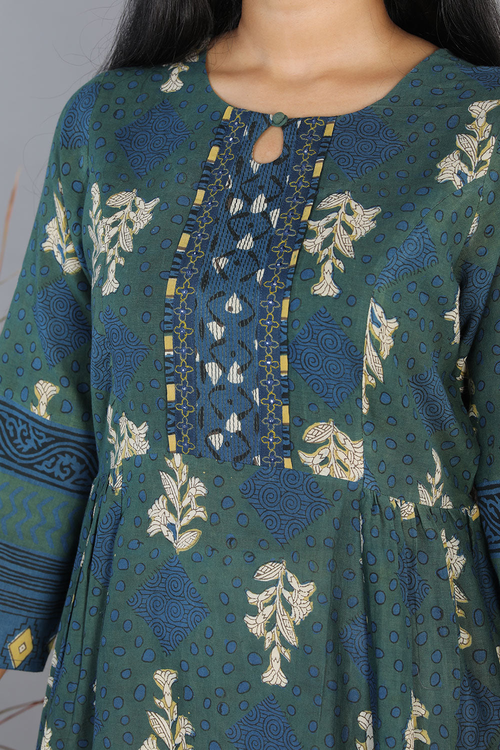 Indigo blue Bagru blockprinted gathered long kurti dress