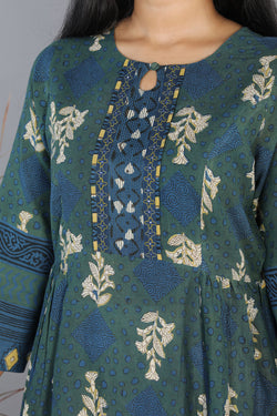 Image of Indigo blue Bagru blockprinted gathered long kurti dress