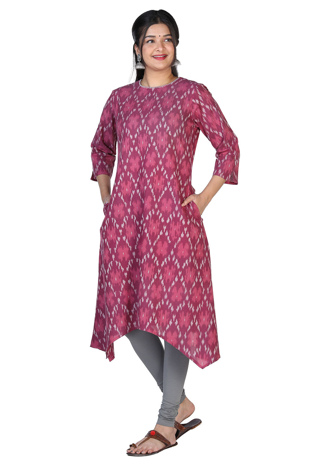 Collection of Magenta double ikat flared kurta in a gallery layout