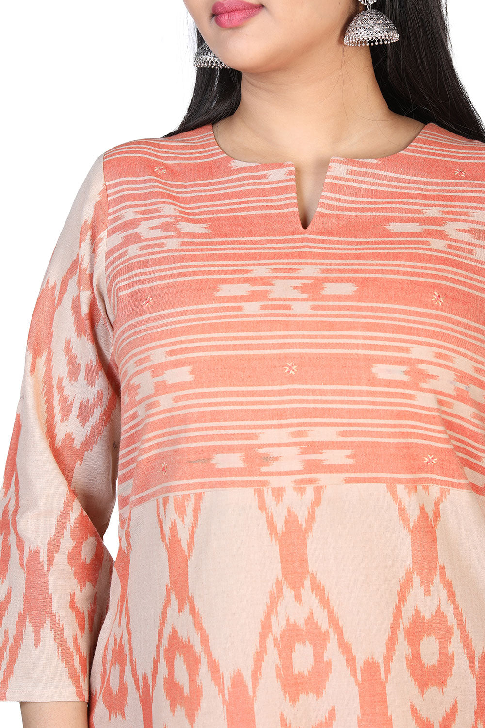 Salmon coloured cotton ikat kurti