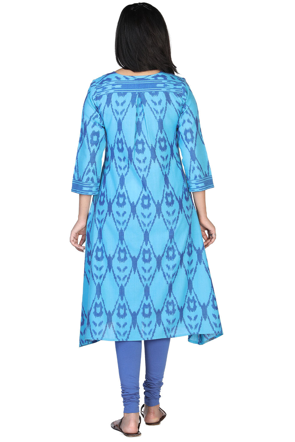 Collection of Turquoise blue cotton ikkat kurti in a gallery layout