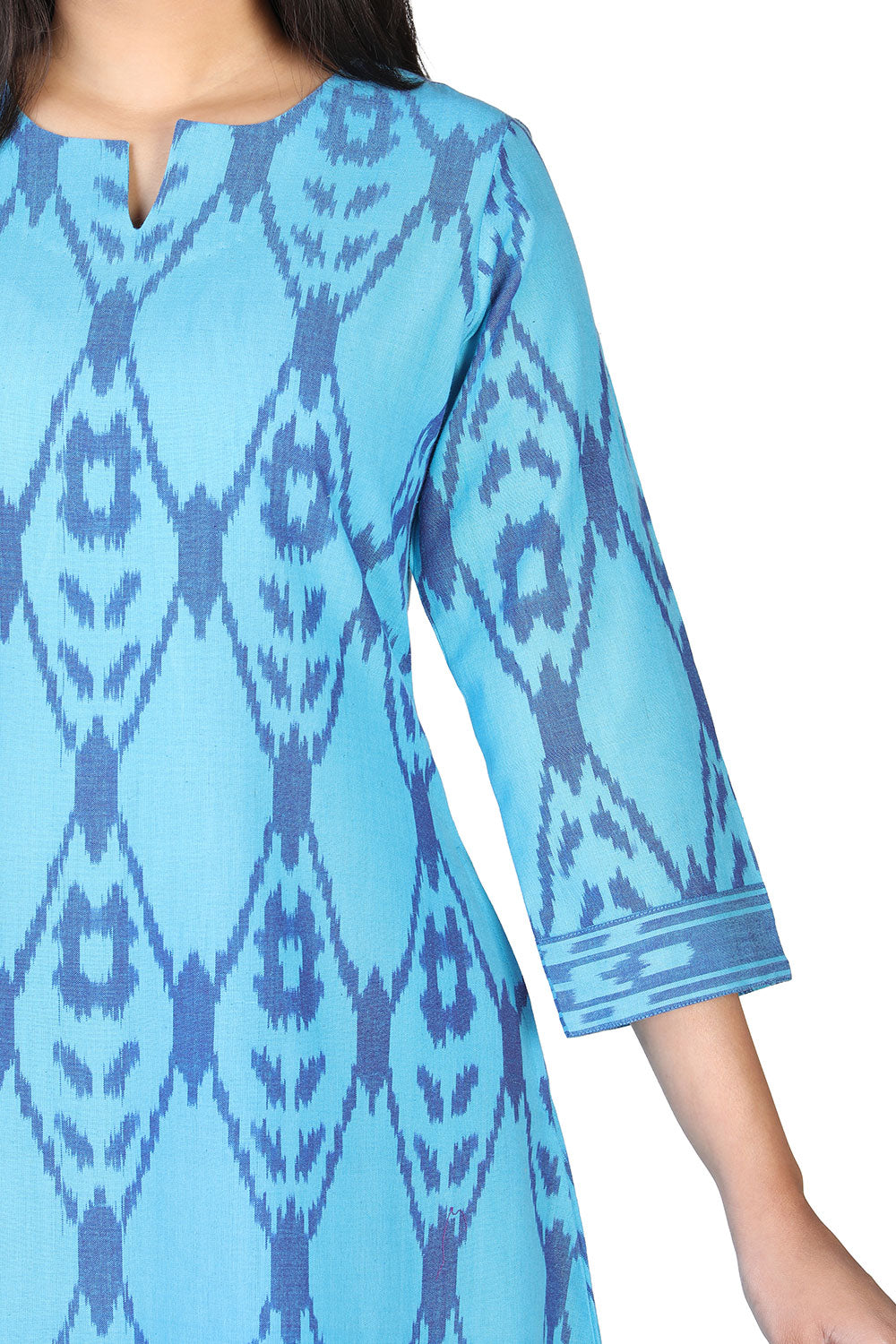 Turquoise blue cotton ikkat kurti