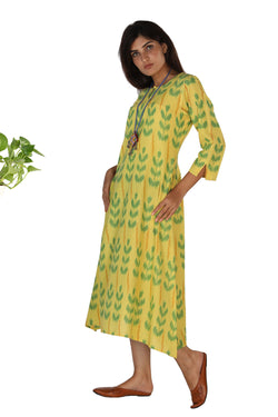 Collection of Lemon yellow flared Ikat Pochampally kurti. in a gallery layout