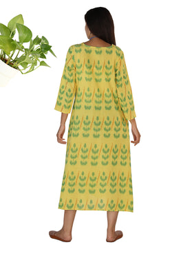 Collection of Lemon yellow flared Ikat Pochampally kurti. in a gallery layout