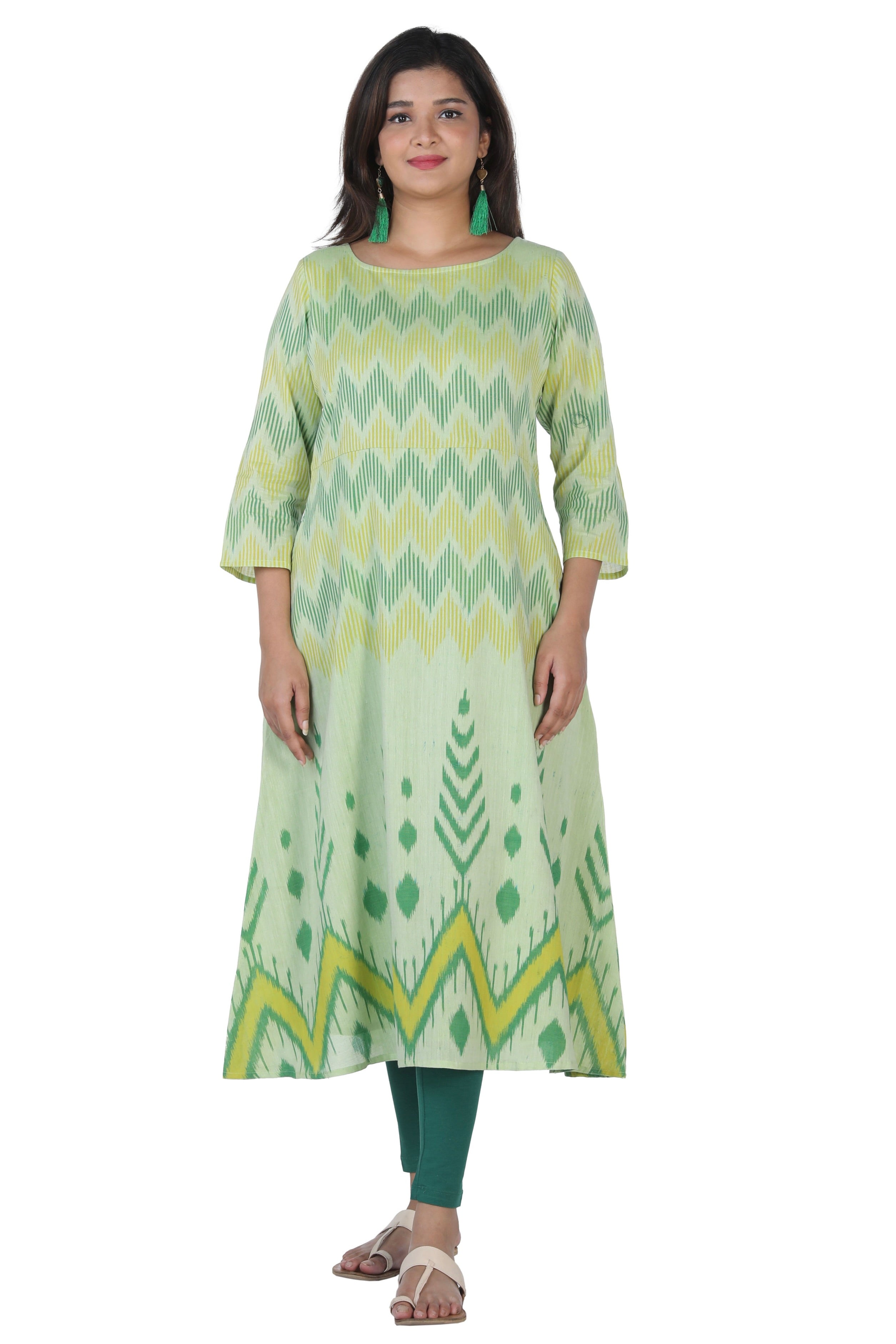 Collection of Sap green mercerized handwoven cotton Ikat long kurti in a gallery layout