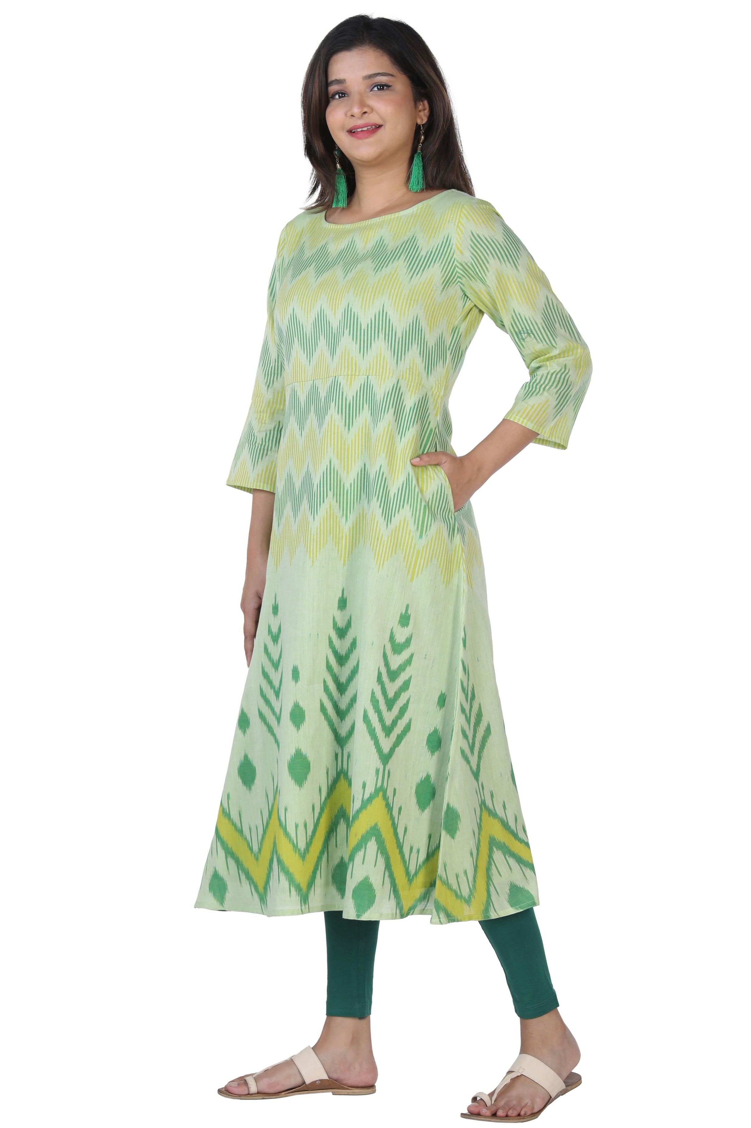 Image of Sap green mercerized handwoven cotton Ikat long kurti
