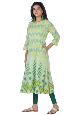 Collection of Sap green mercerized handwoven cotton Ikat long kurti in a gallery layout