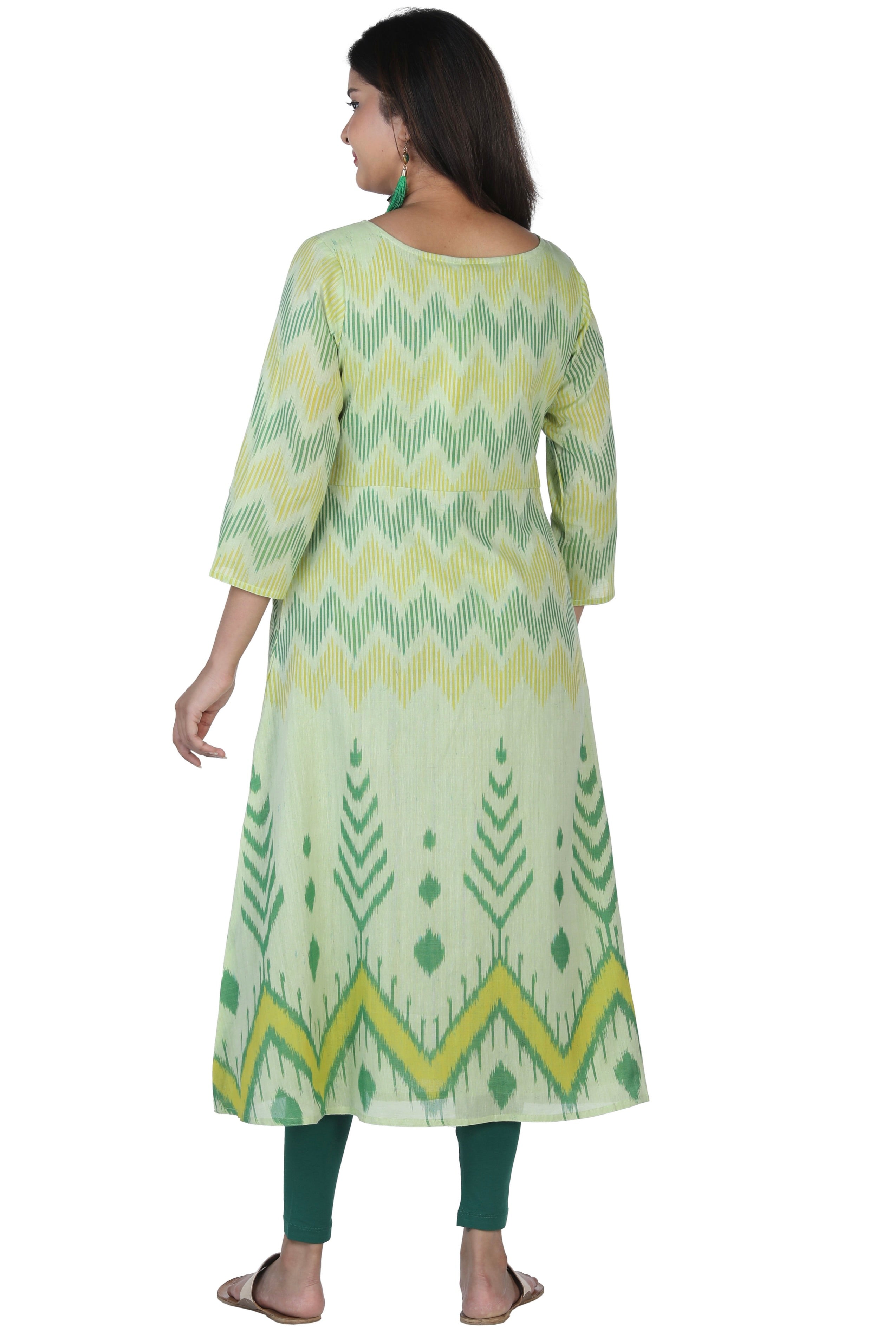 Collection of Sap green mercerized handwoven cotton Ikat long kurti in a gallery layout