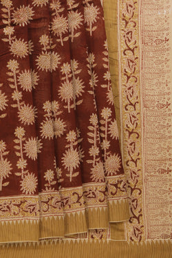 Collection of Dark brown Kalamkari handblock printed chanderi saree in a gallery layout