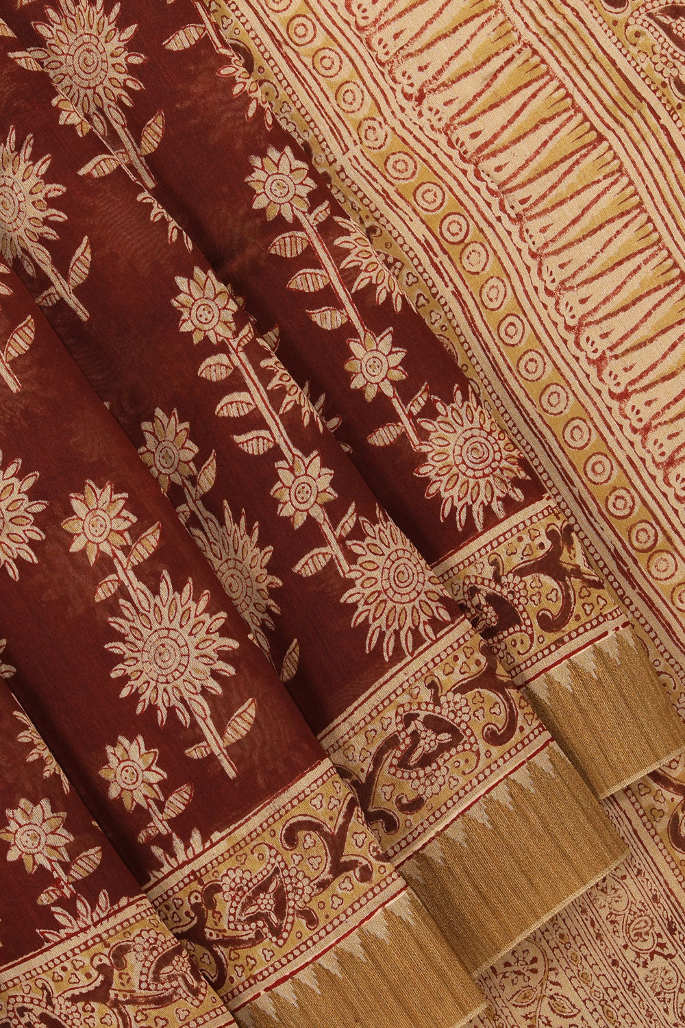 Collection of Dark brown Kalamkari handblock printed chanderi saree in a gallery layout