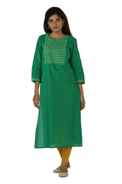 Collection of Leaf green handwoven mangalgiri cotton Kurti. in a gallery layout