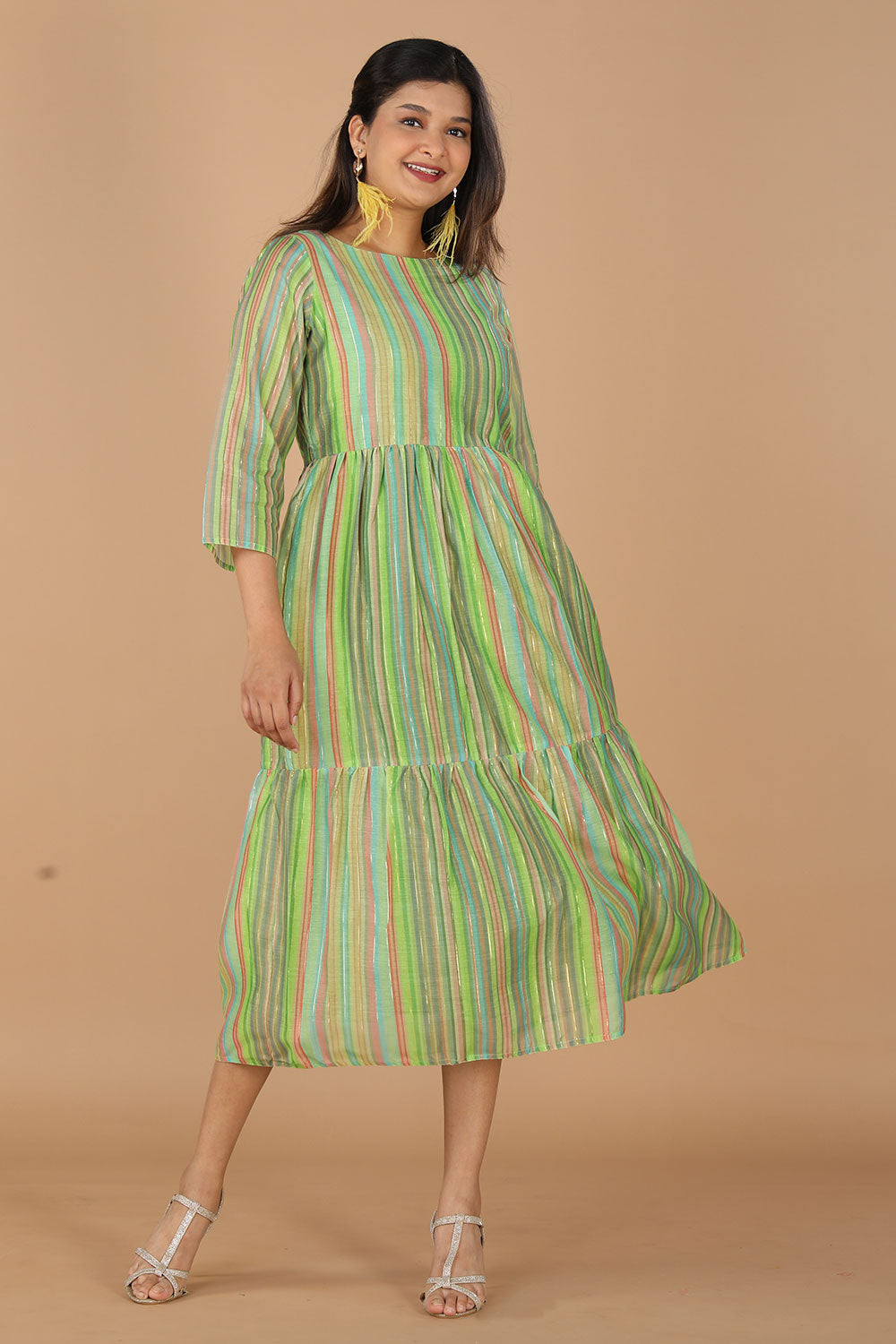 Long striped summer dress in chanderi