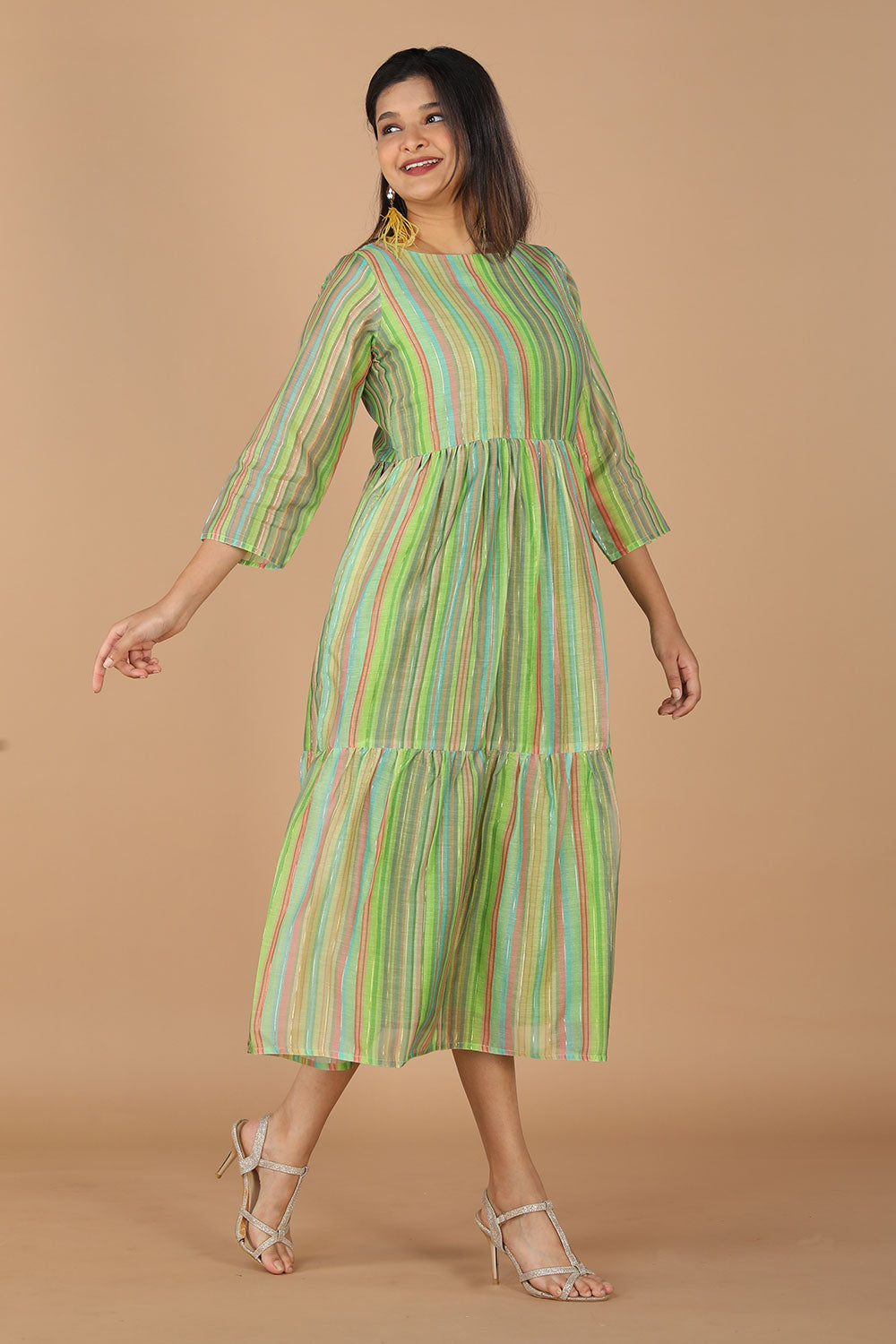 Long striped summer dress in chanderi