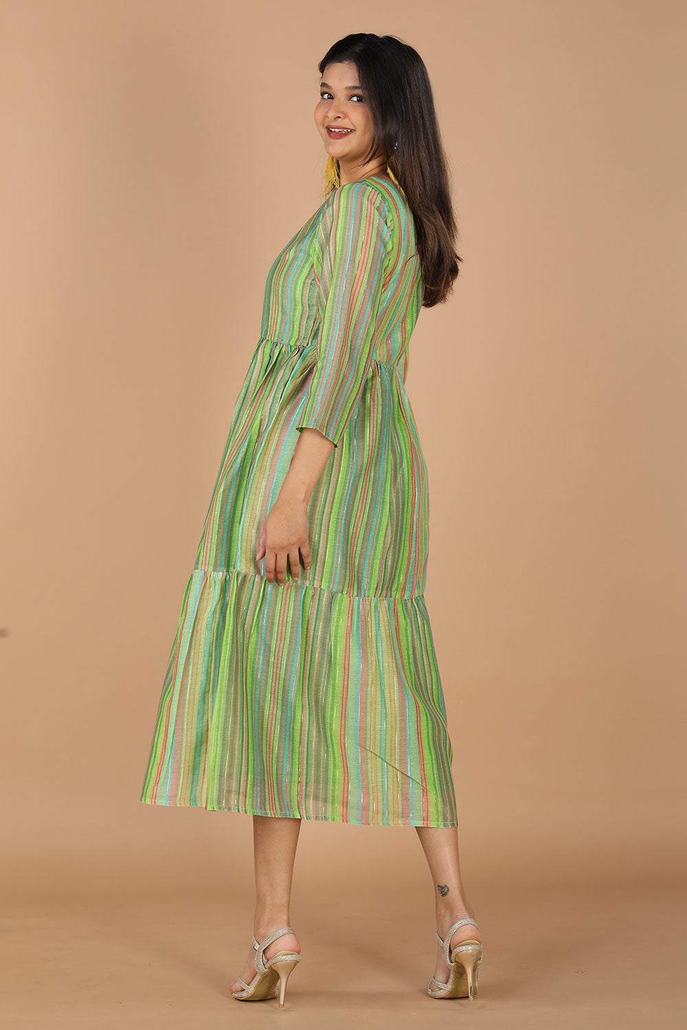 Long striped summer dress in chanderi