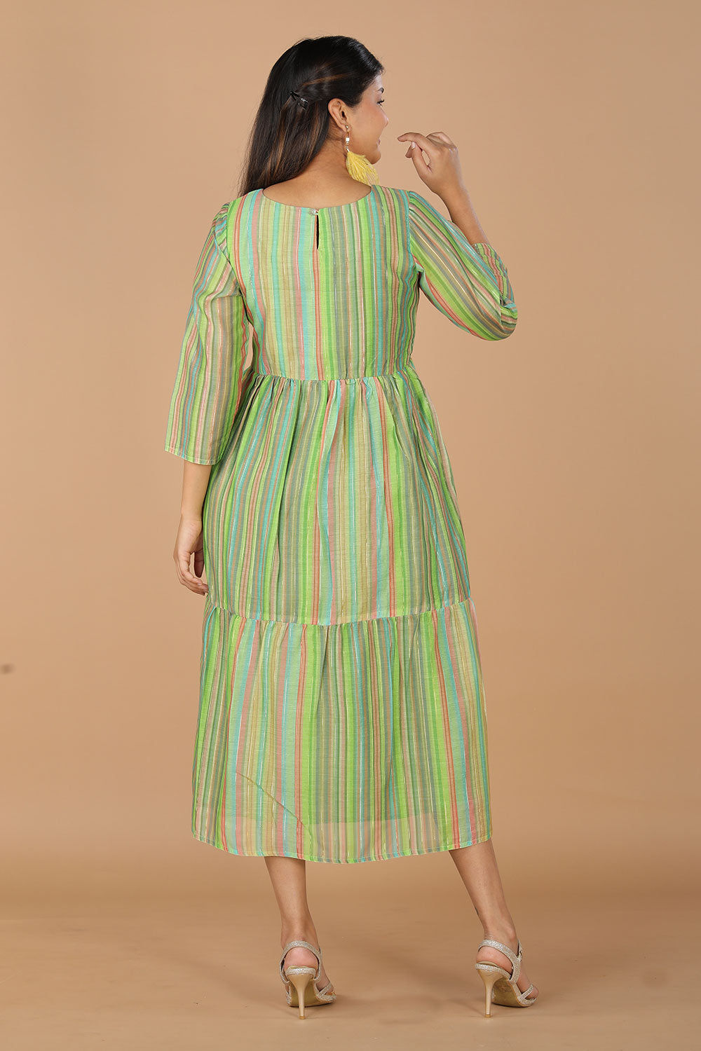 Long striped summer dress in chanderi