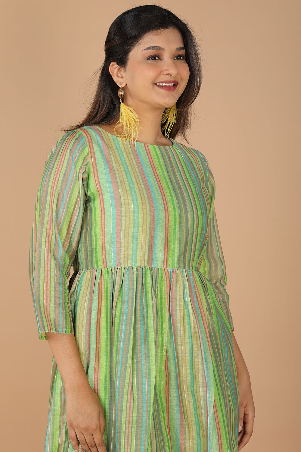 Long striped summer dress in chanderi