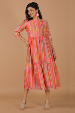 Image of Long striped summer dress in chanderi