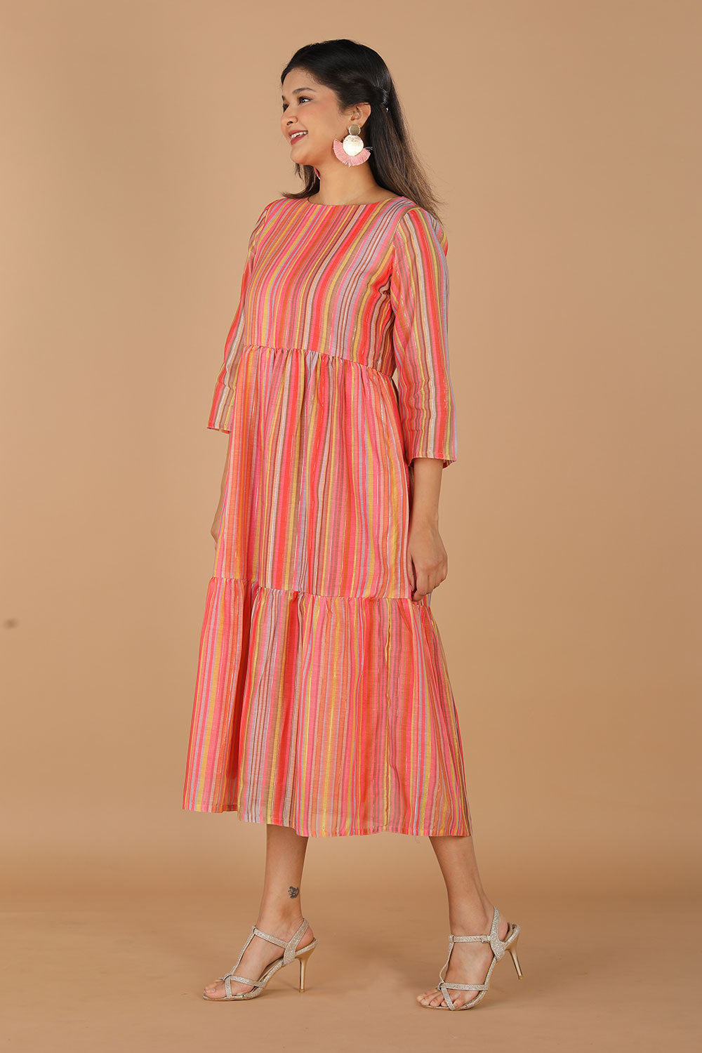 Long striped summer dress in chanderi