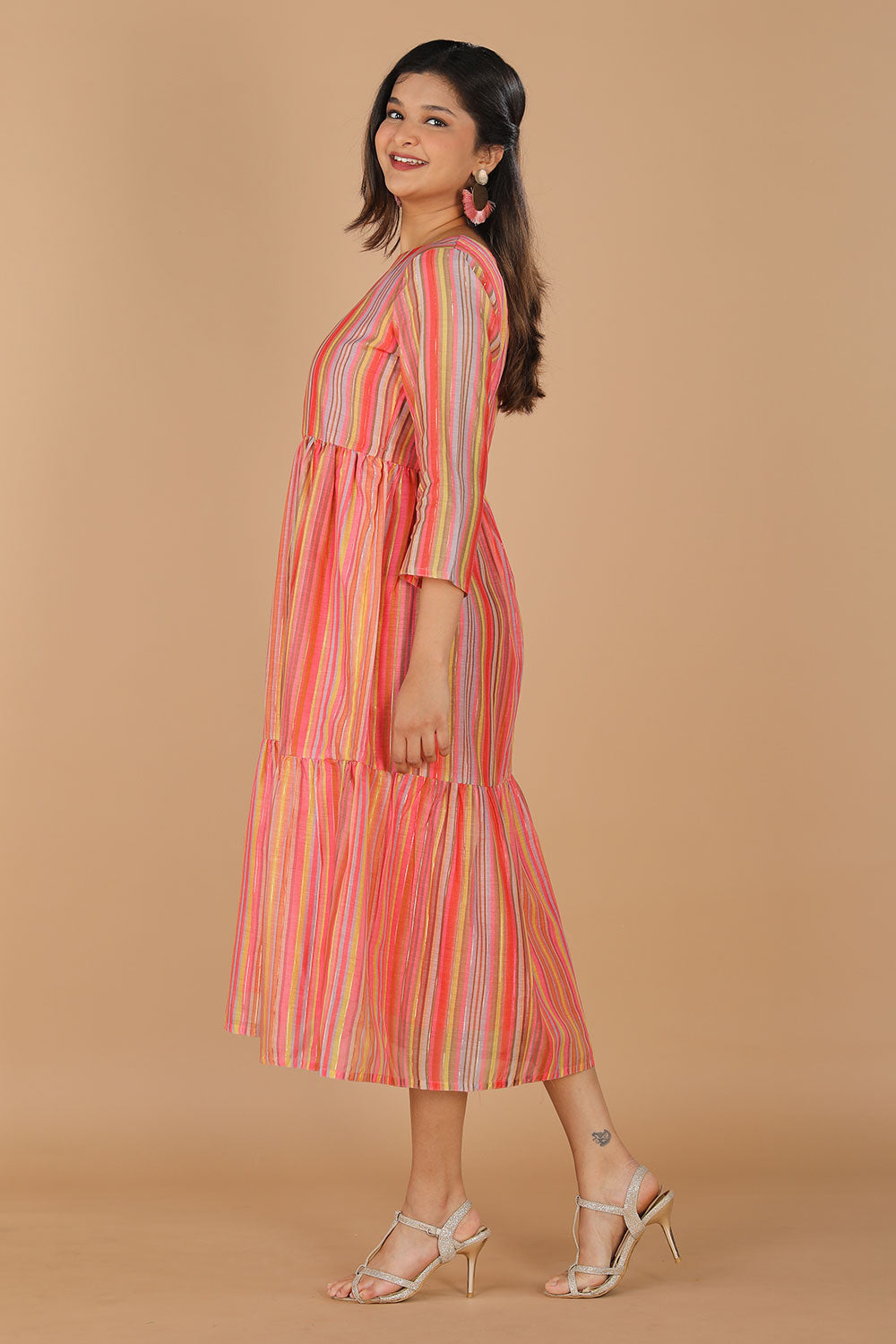 Long striped summer dress in chanderi