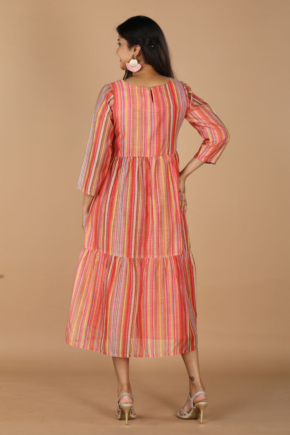 Long striped summer dress in chanderi