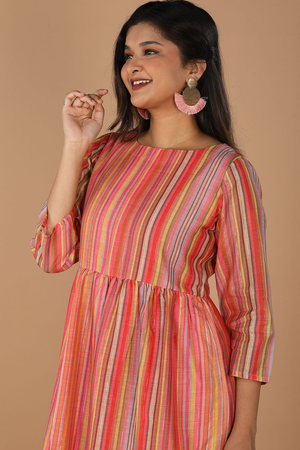 Long striped summer dress in chanderi